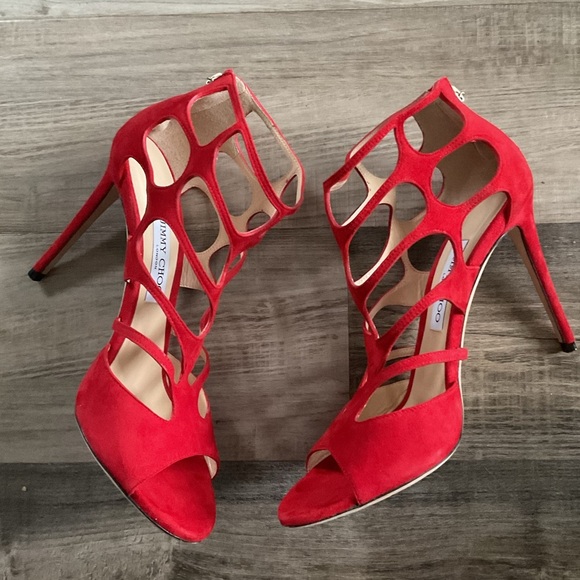 Jimmy Choo Shoes - Jimmy Choo Ren 100 Red Suede Caged Sandal EU 40